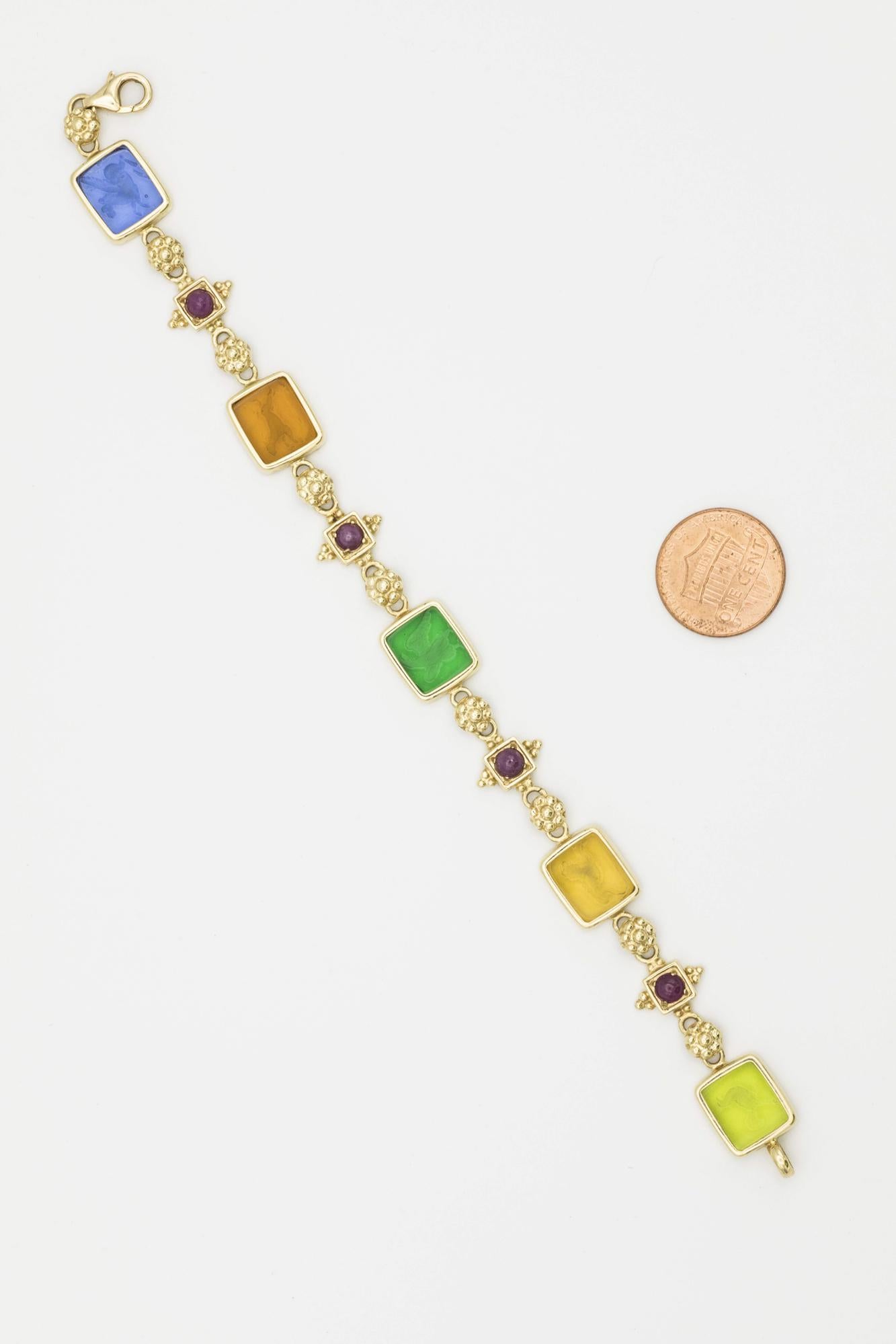 Vintage 14K Yellow Gold Venetian Glass Intaglio Ruby Bracelet