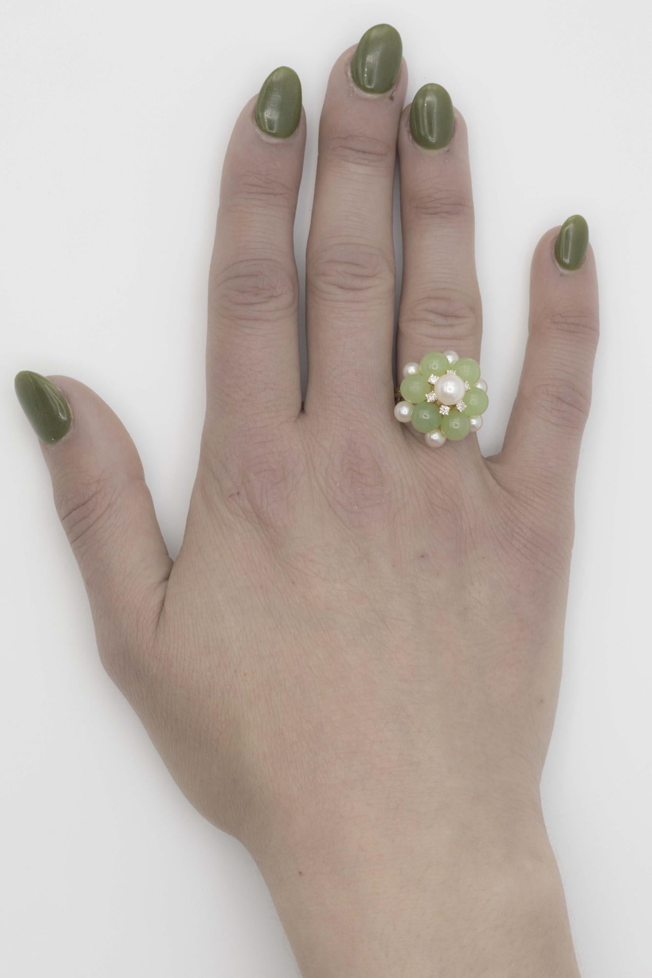14K Yellow Gold Pearl-Nephrite Jade-Diamond Ring