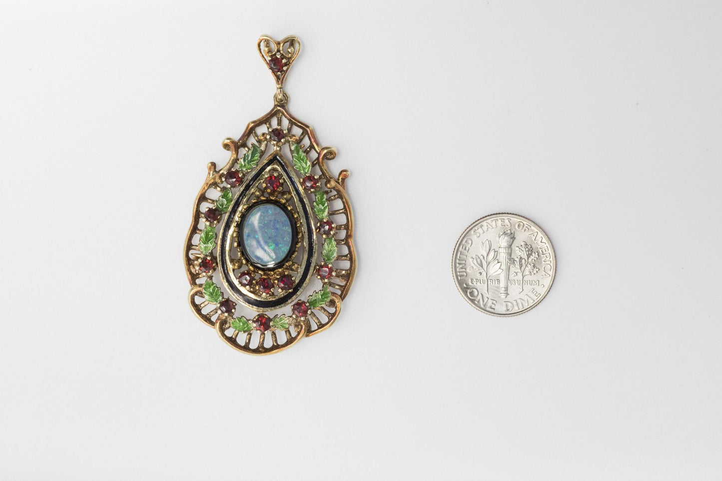 Estate 14K Yellow Gold Opal, Garnet, & Enamel Pendant