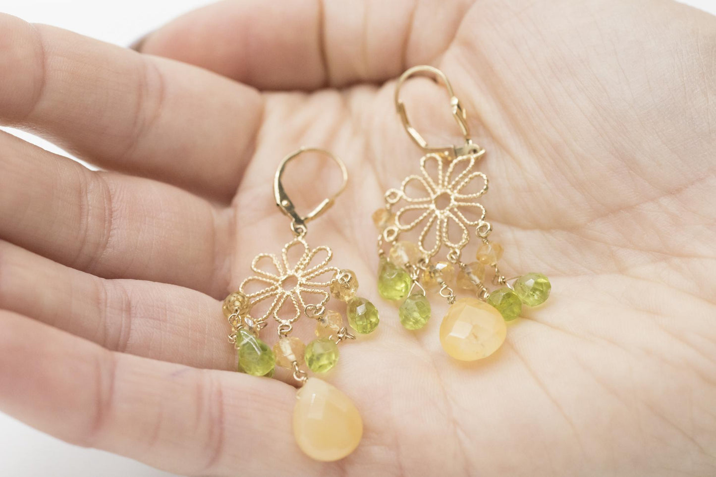 Boho Peridot, Chalcedony, & Citrine Chandelier Earrings