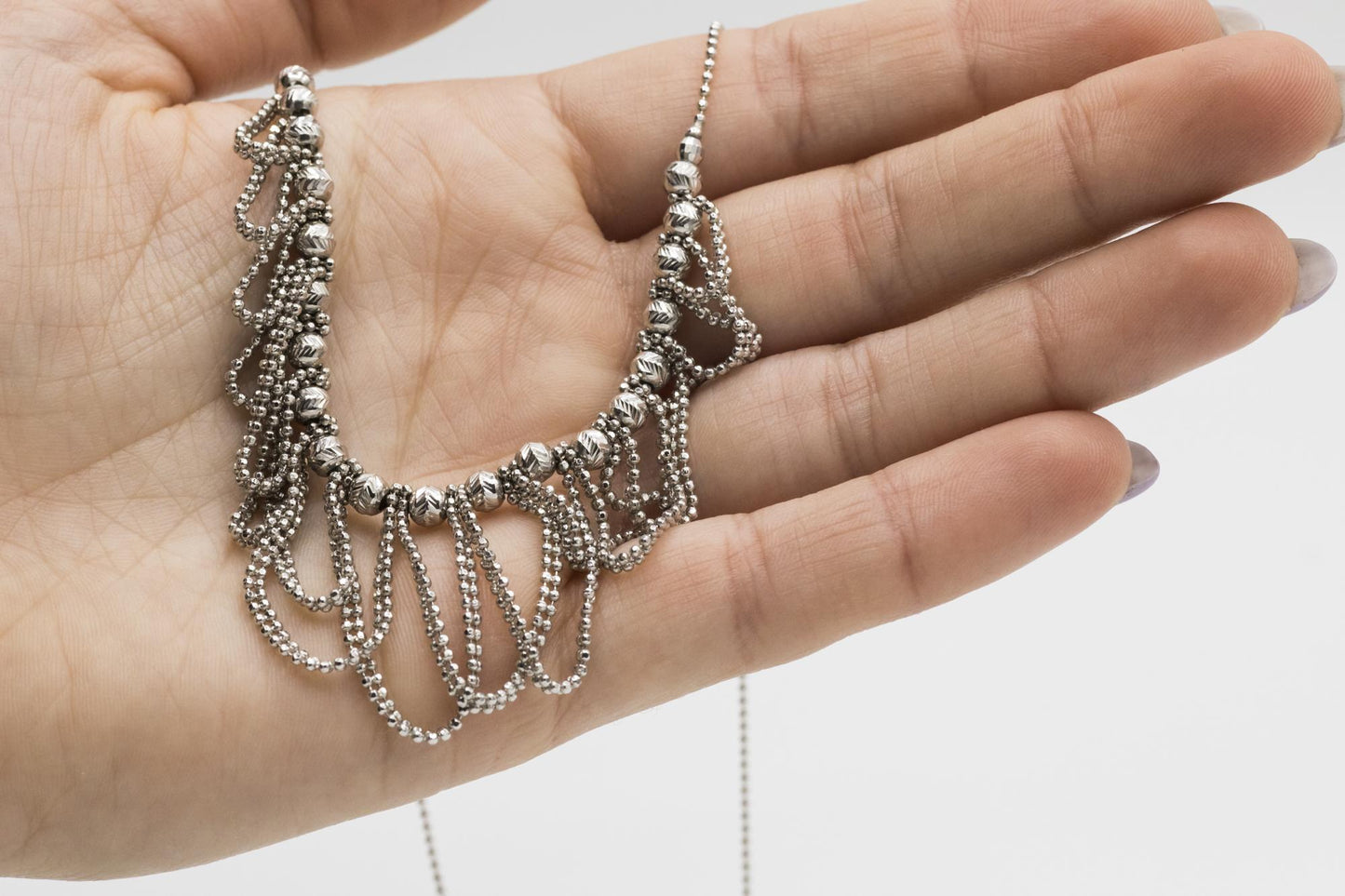 18K White Gold Bead & Loop Graduated Fringe Ball Chain Necklace