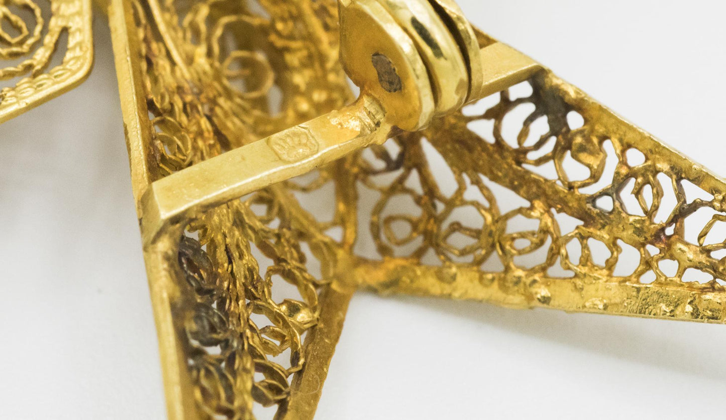 18K Yellow Gold Vintage Filigree Lace Maltese Cross Pendant/Brooch
