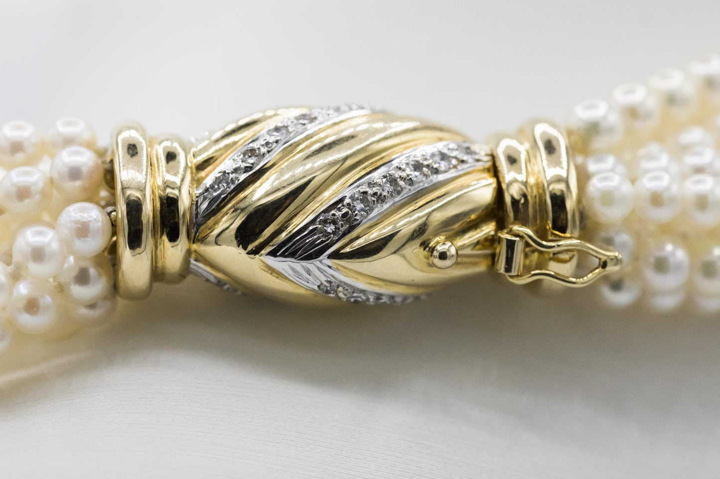 Multi-Strand Pearl Necklace with 18K Yellow Gold Diamond Clasp