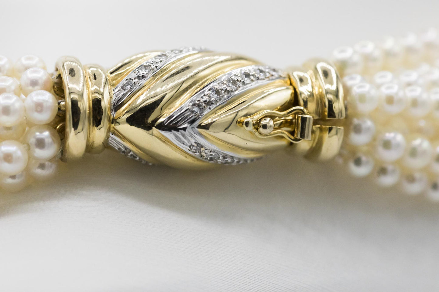 Multi-Strand Pearl Necklace with 18K Yellow Gold Diamond Clasp