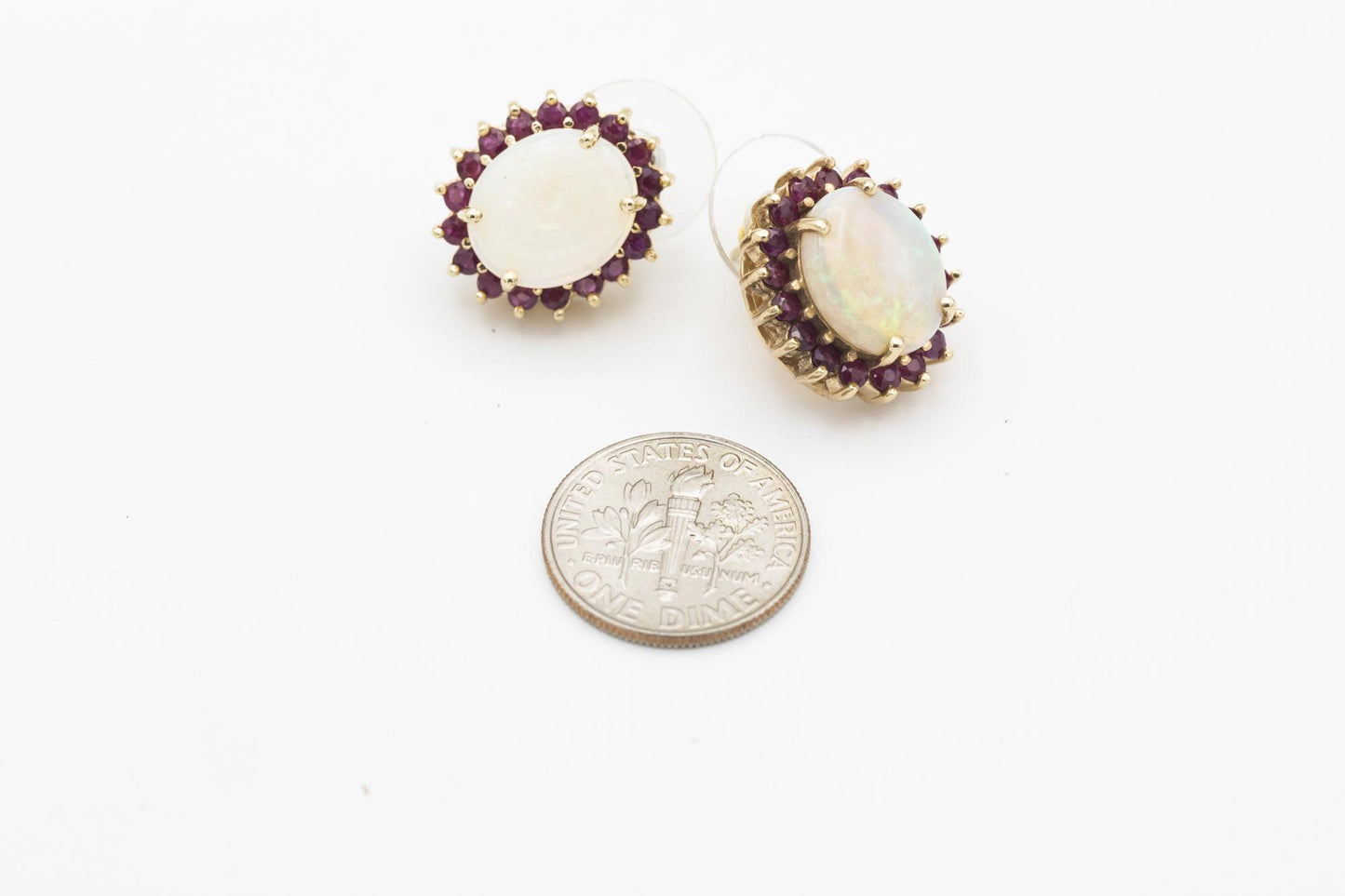 14K Yellow Gold Opal-Ruby Earrings