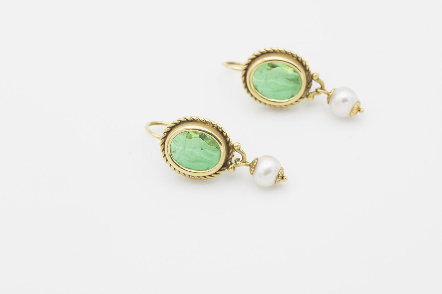 18K Green Intaglio Glass and Cultured Pearl Earrings