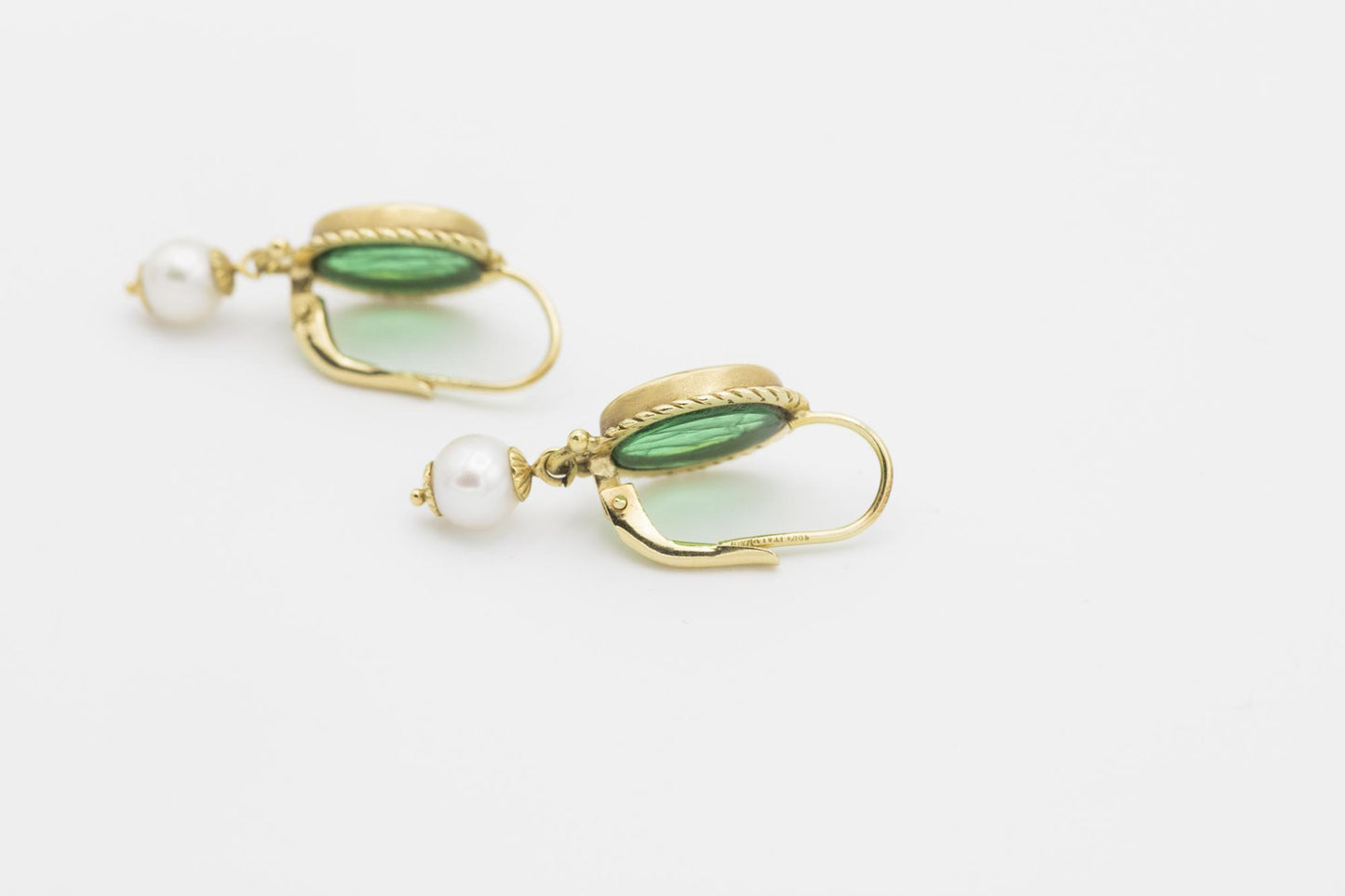18K Green Intaglio Glass and Cultured Pearl Earrings