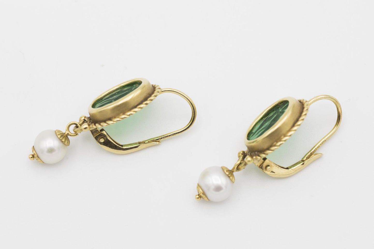 18K Green Intaglio Glass and Cultured Pearl Earrings