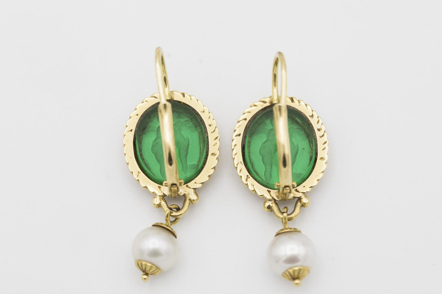18K Green Intaglio Glass and Cultured Pearl Earrings