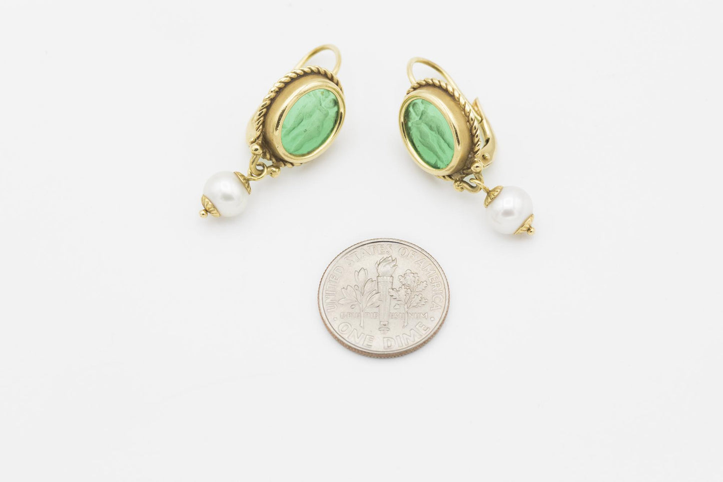 18K Green Intaglio Glass and Cultured Pearl Earrings