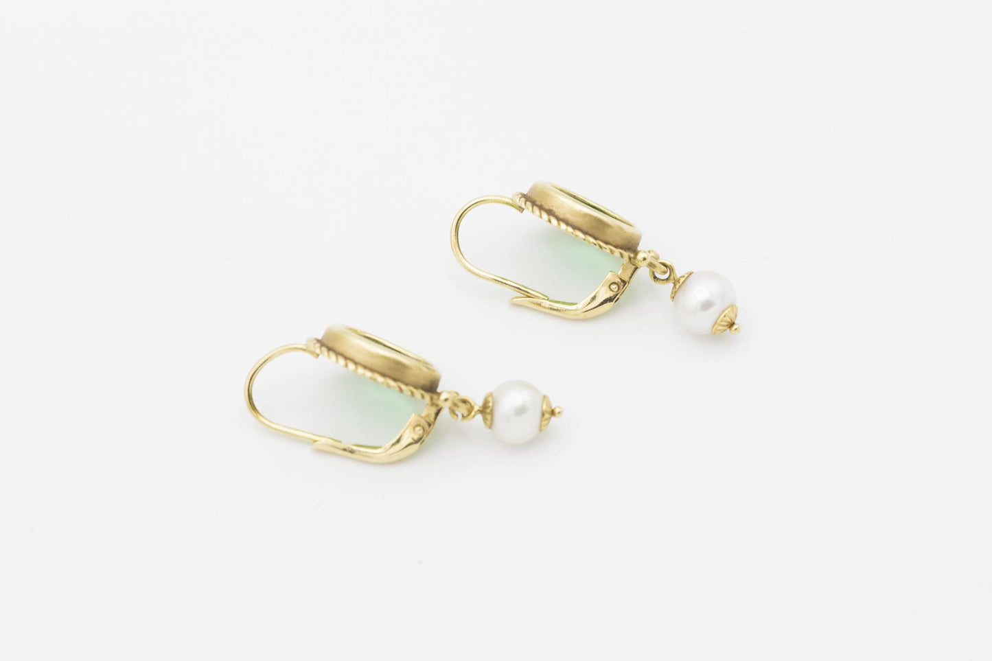 18K Green Intaglio Glass and Cultured Pearl Earrings