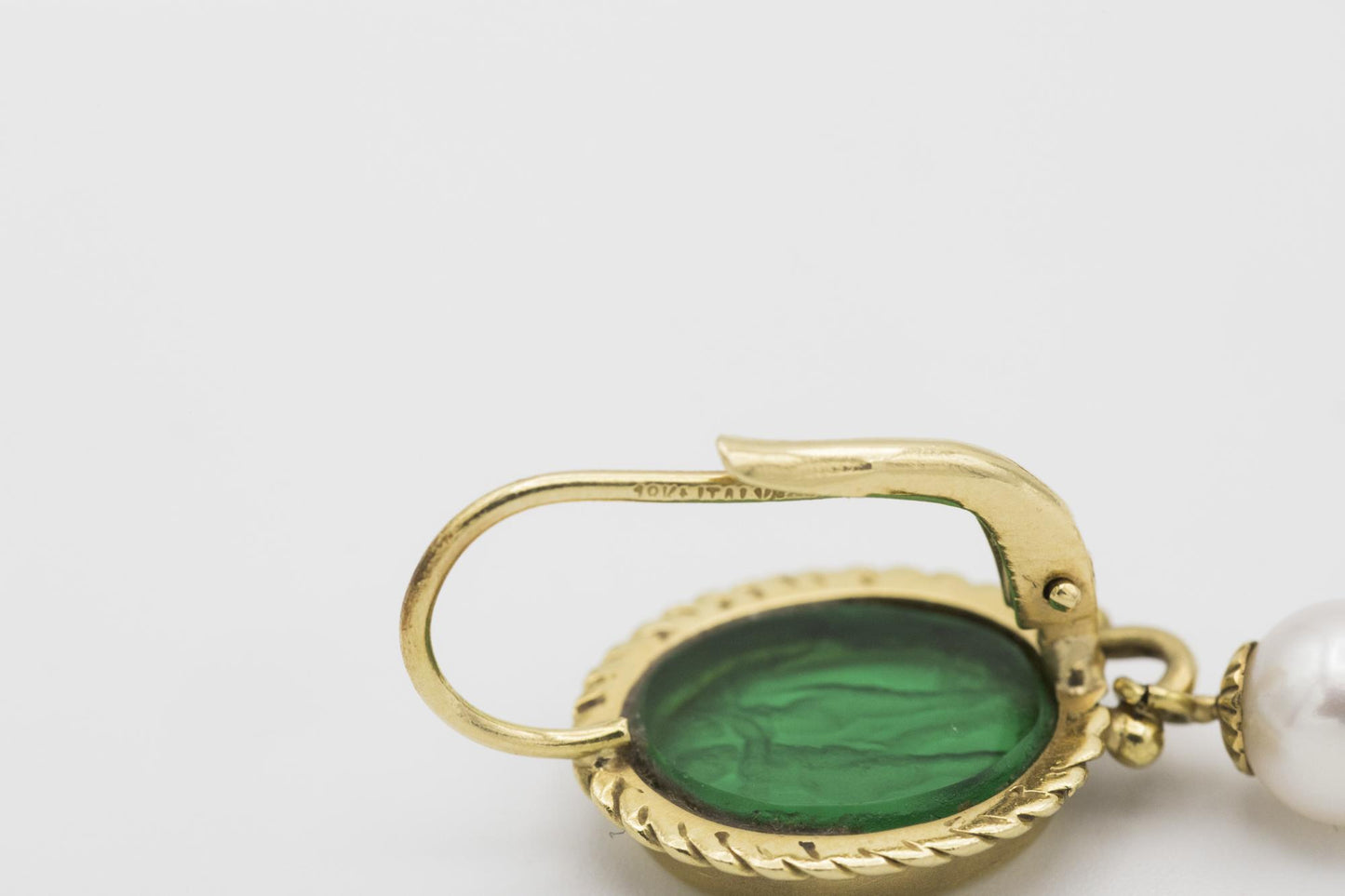 18K Green Intaglio Glass and Cultured Pearl Earrings