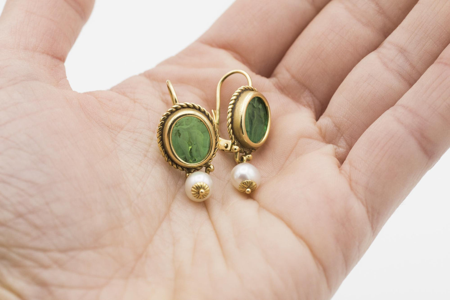 18K Green Intaglio Glass and Cultured Pearl Earrings