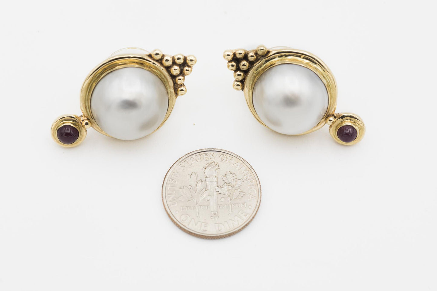 14K Pearl & Cabochon Ruby Earrings by Susan Drabkin