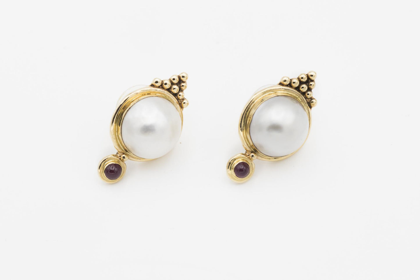 14K Pearl & Cabochon Ruby Earrings by Susan Drabkin