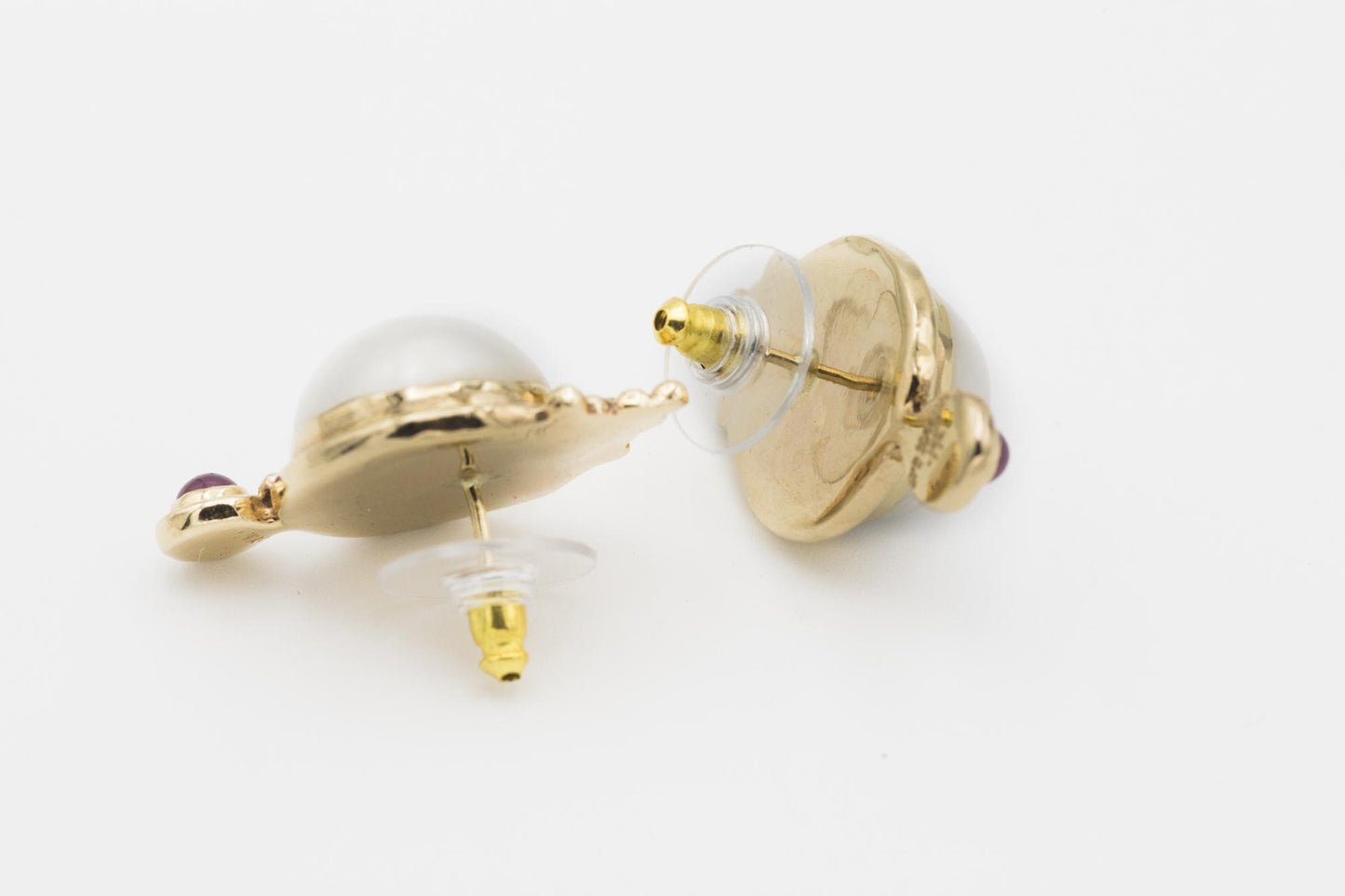 14K Pearl & Cabochon Ruby Earrings by Susan Drabkin