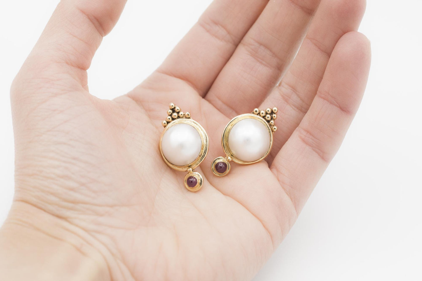 14K Pearl & Cabochon Ruby Earrings by Susan Drabkin