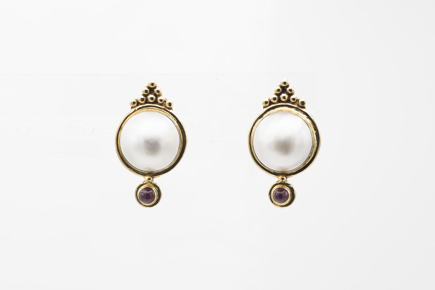 14K Pearl & Cabochon Ruby Earrings by Susan Drabkin