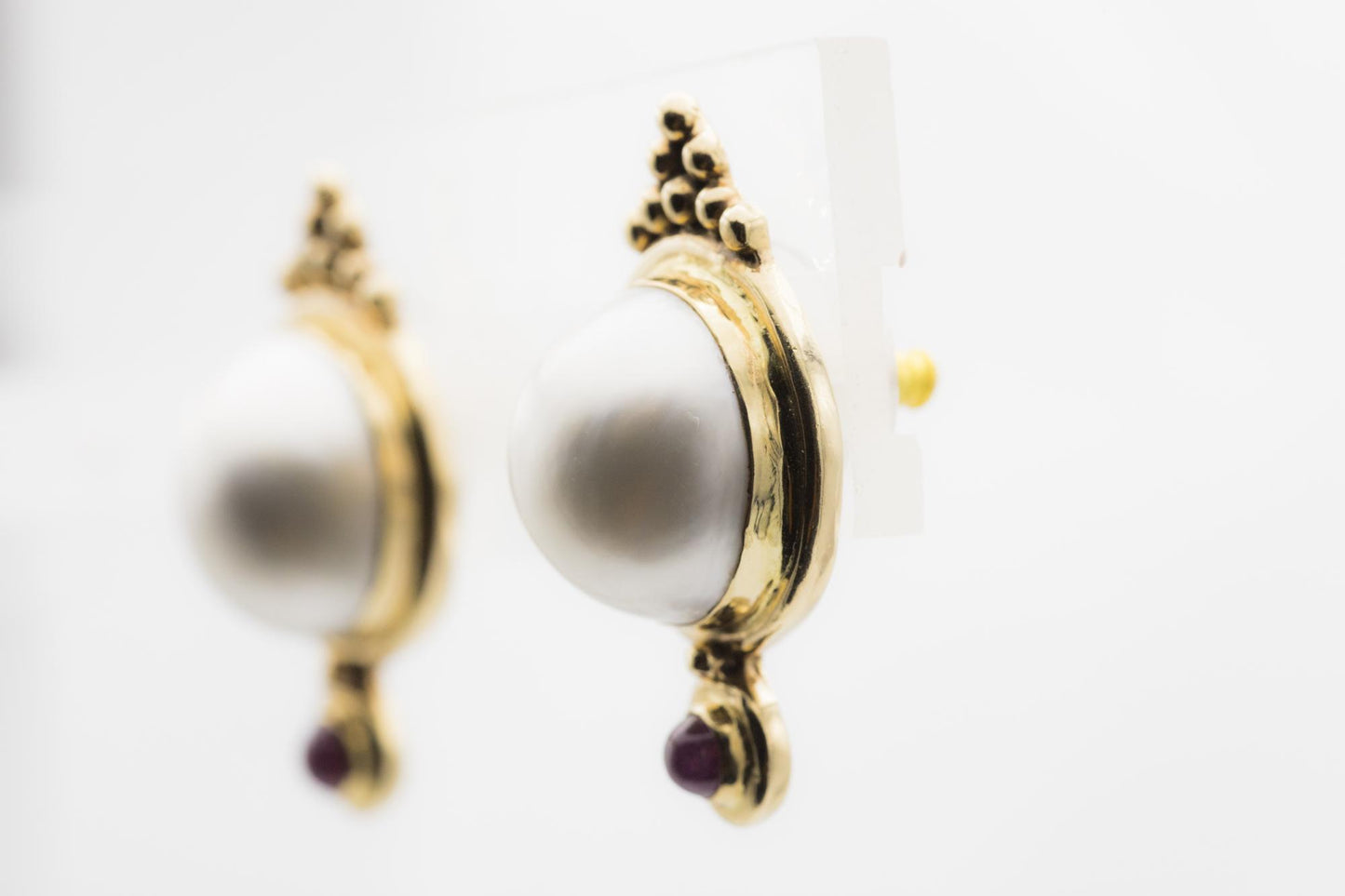 14K Pearl & Cabochon Ruby Earrings by Susan Drabkin