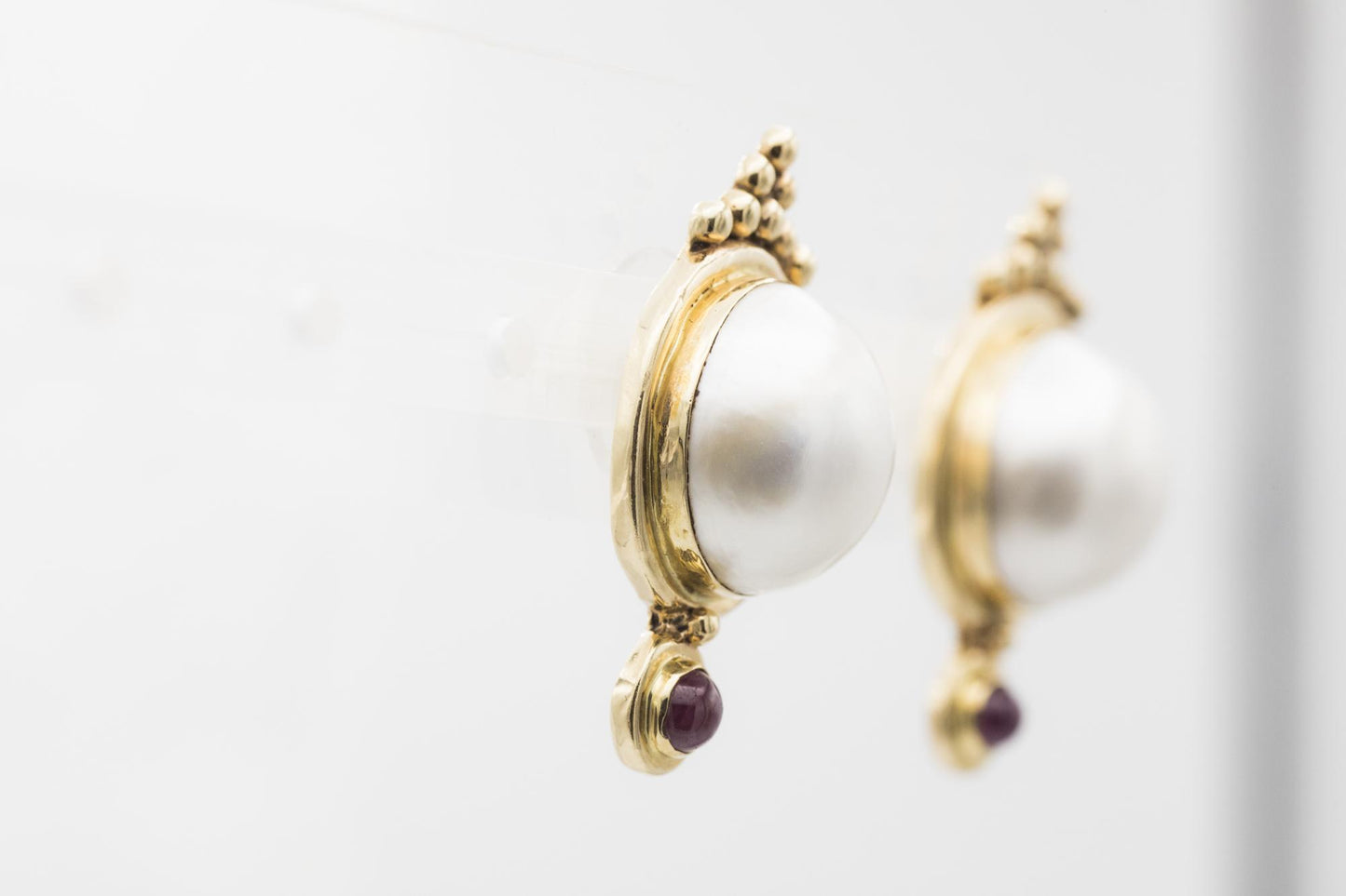 14K Pearl & Cabochon Ruby Earrings by Susan Drabkin