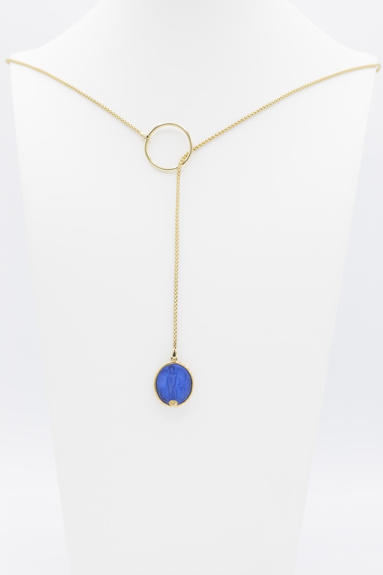 14K Blue Venetian Intaglio Glass Lariat Necklace