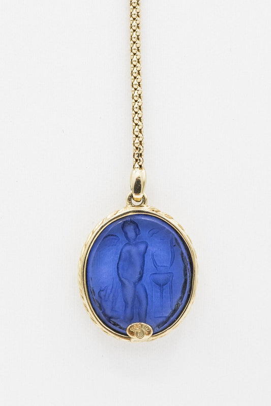 14K Blue Venetian Intaglio Glass Lariat Necklace