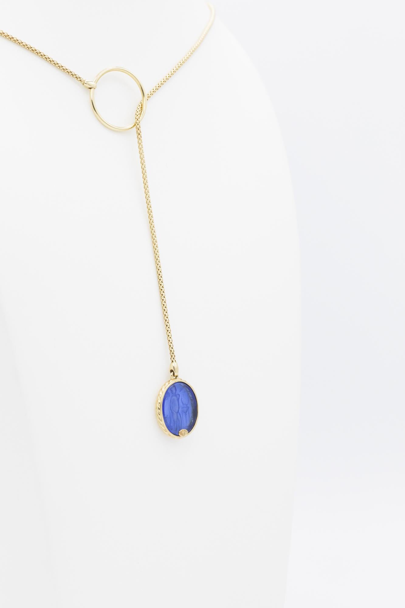 14K Blue Venetian Intaglio Glass Lariat Necklace