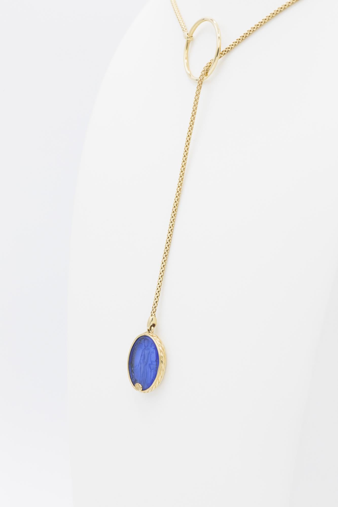 14K Blue Venetian Intaglio Glass Lariat Necklace