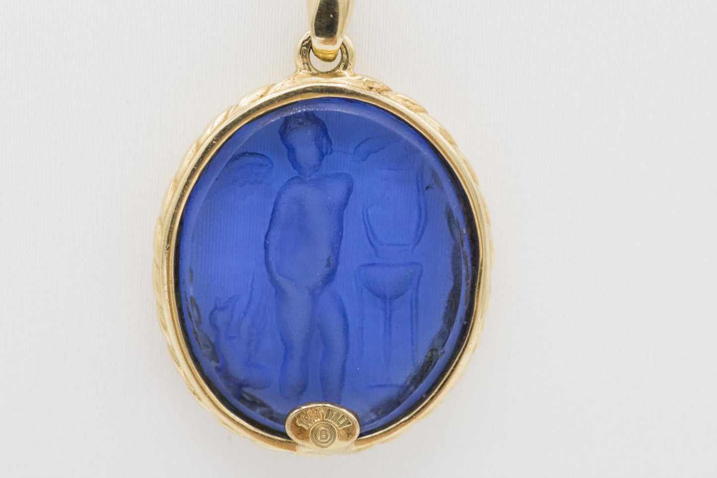 14K Blue Venetian Intaglio Glass Lariat Necklace