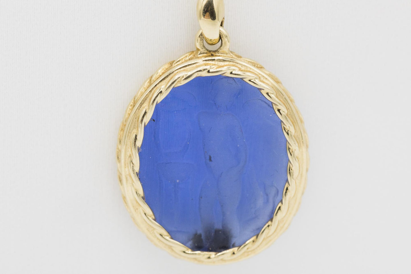 14K Blue Venetian Intaglio Glass Lariat Necklace