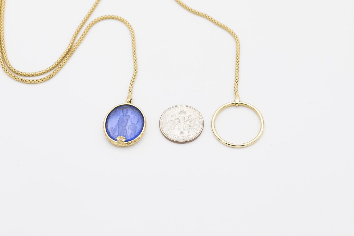 14K Blue Venetian Intaglio Glass Lariat Necklace
