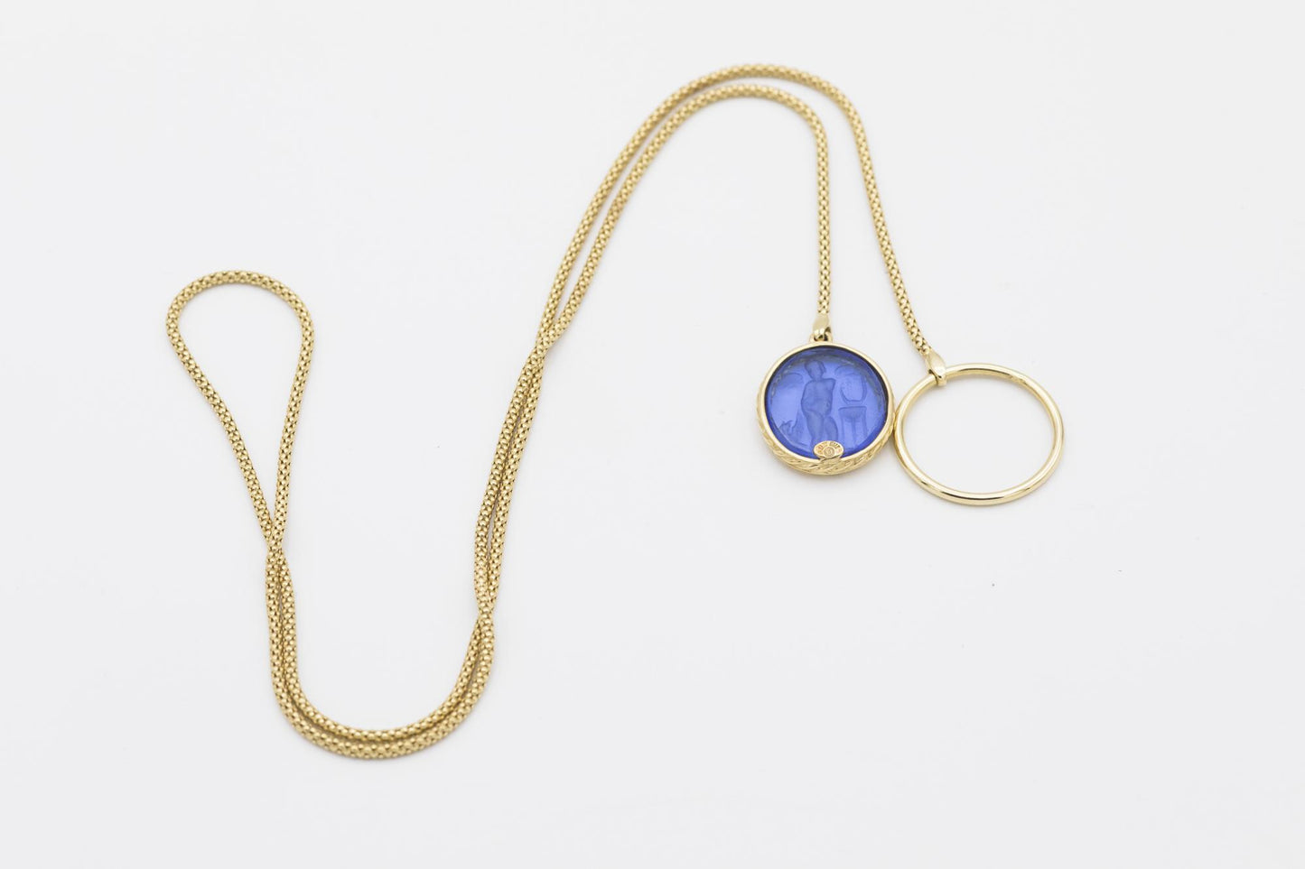 14K Blue Venetian Intaglio Glass Lariat Necklace