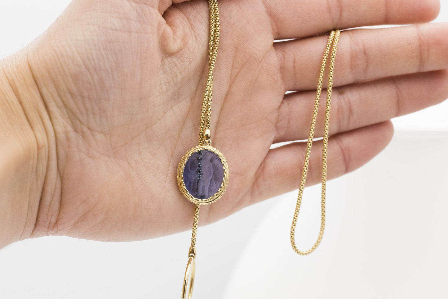 14K Blue Venetian Intaglio Glass Lariat Necklace
