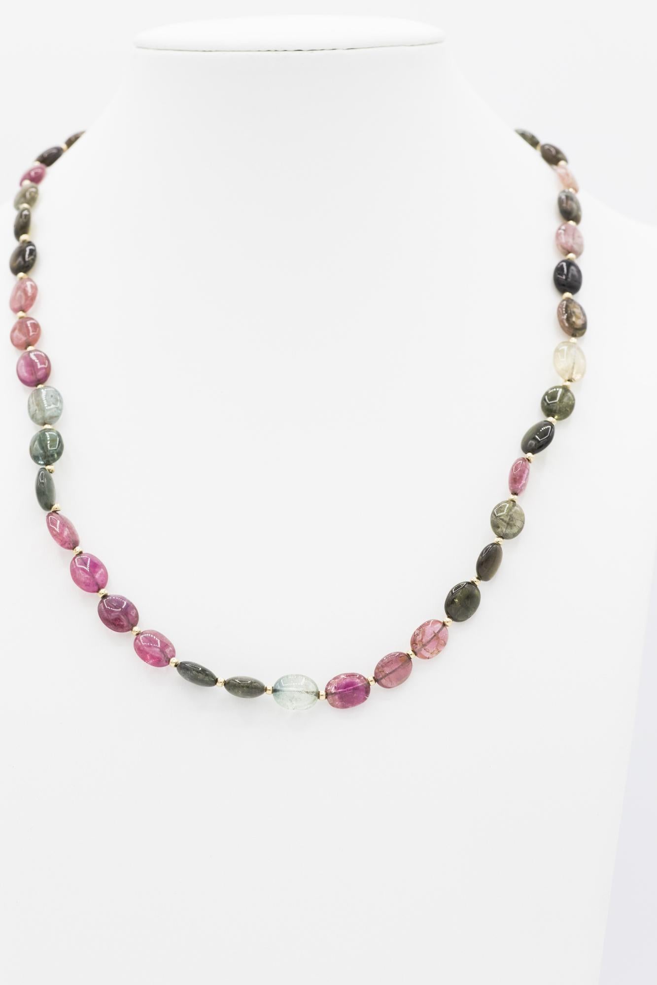 18K Yellow Gold Pink & Green Tourmaline Beaded Necklace