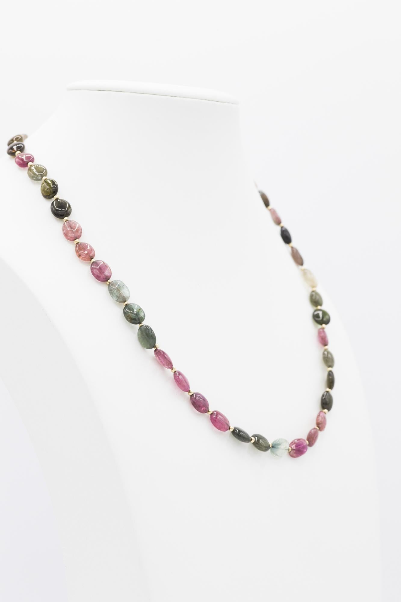 18K Yellow Gold Pink & Green Tourmaline Beaded Necklace