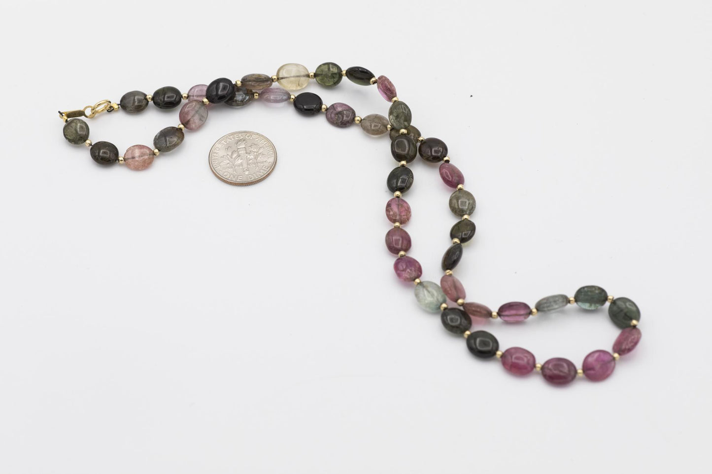 18K Yellow Gold Pink & Green Tourmaline Beaded Necklace