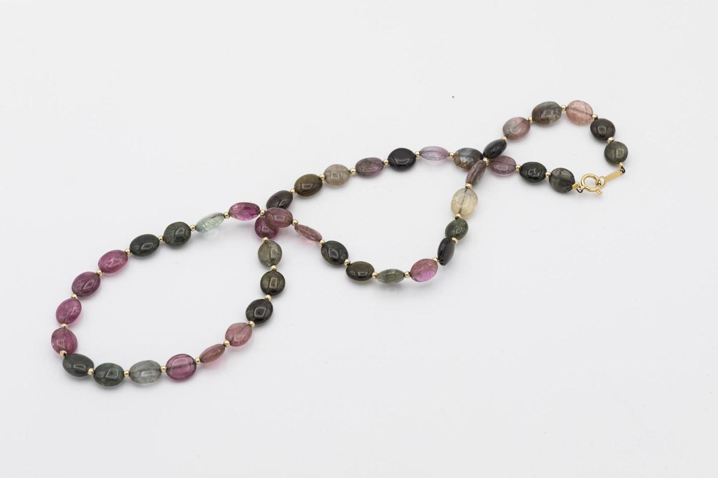 18K Yellow Gold Pink & Green Tourmaline Beaded Necklace