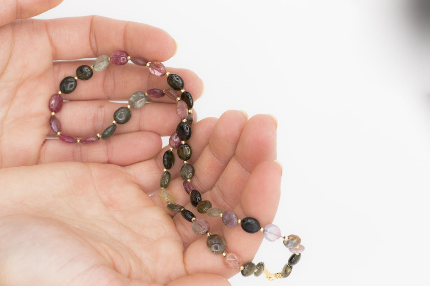 18K Yellow Gold Pink & Green Tourmaline Beaded Necklace