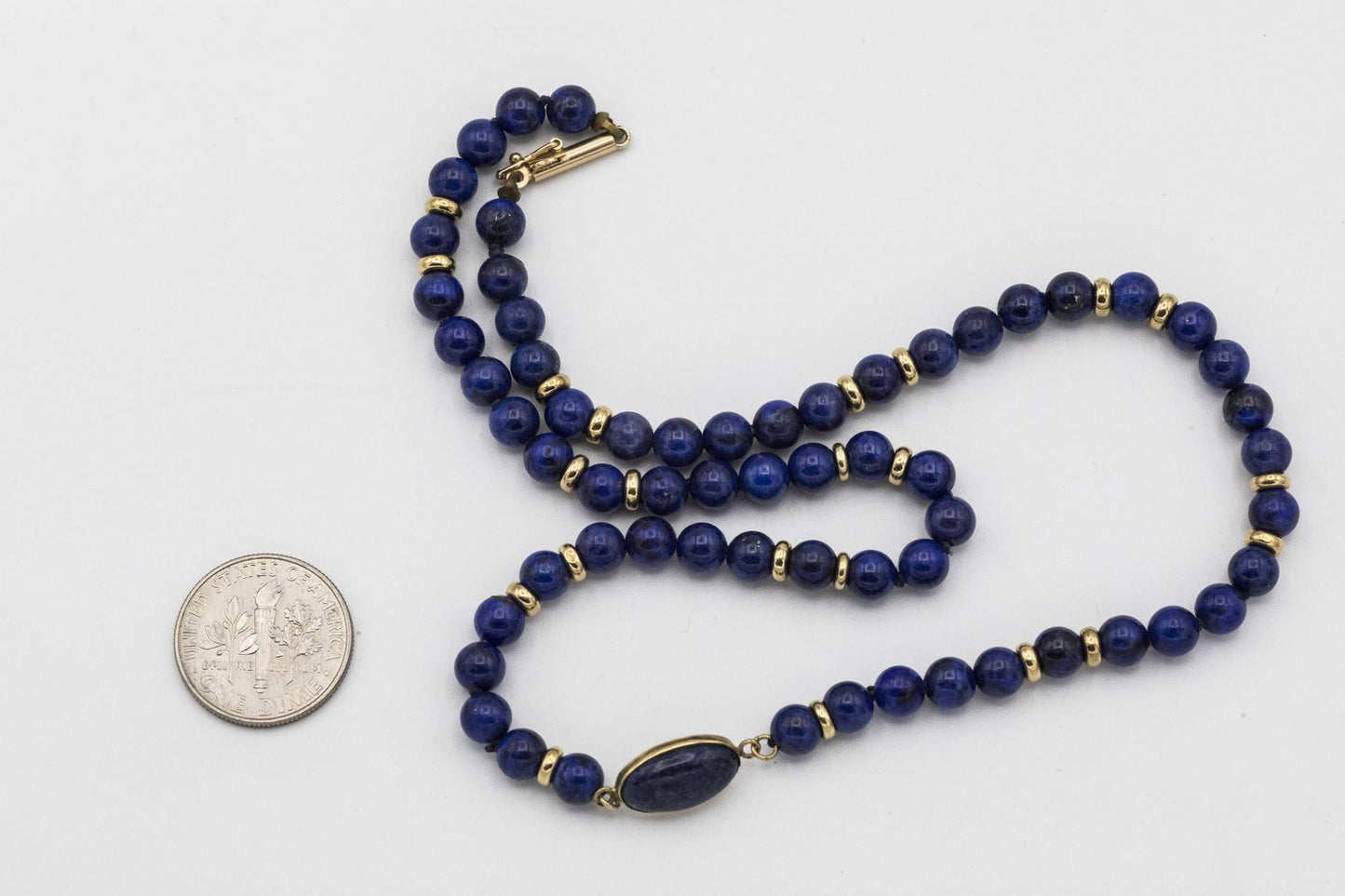 Lapis Beaded Oval Pendant Set in 14K Yellow Gold