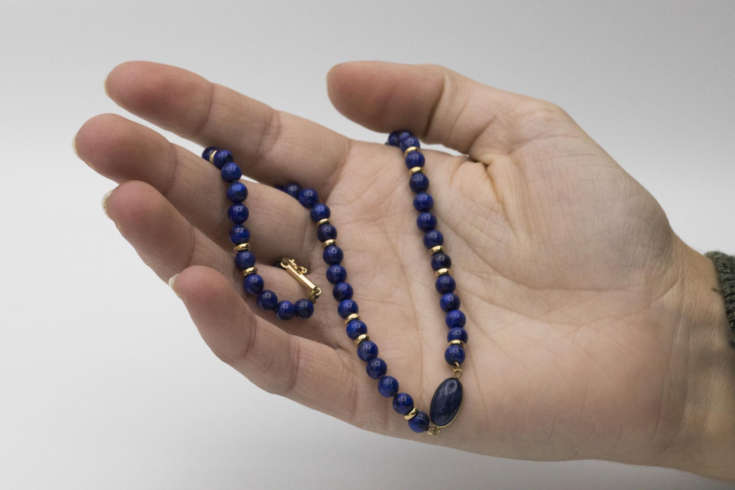 Lapis Beaded Oval Pendant Set in 14K Yellow Gold