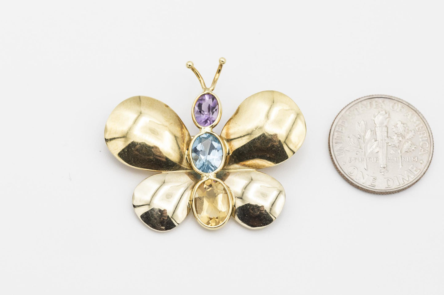 18K YG Amethyst, Blue Topaz, & Citrine Butterfly Brooch
