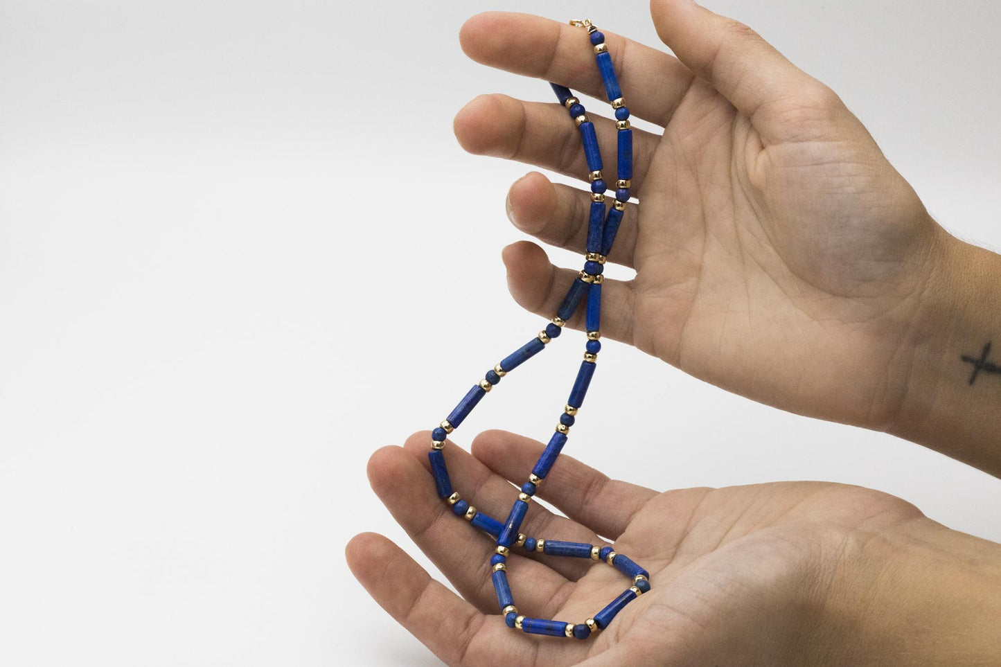 19" Lapis Ball-Bar Station Necklace with 14K YG Beads and Clasp