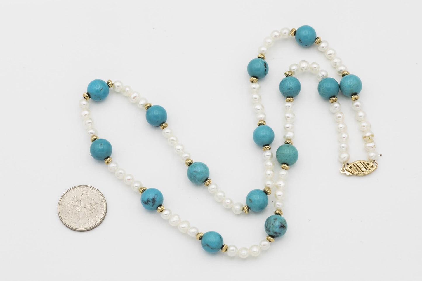 Pearl and Turquoise Necklace with 14K Beads and Clasp