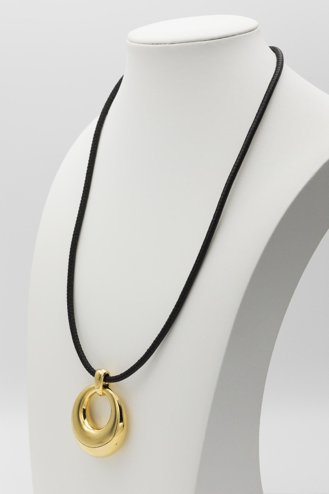 14K Yellow Gold Black Leather Cord Necklace with Stunning Circle