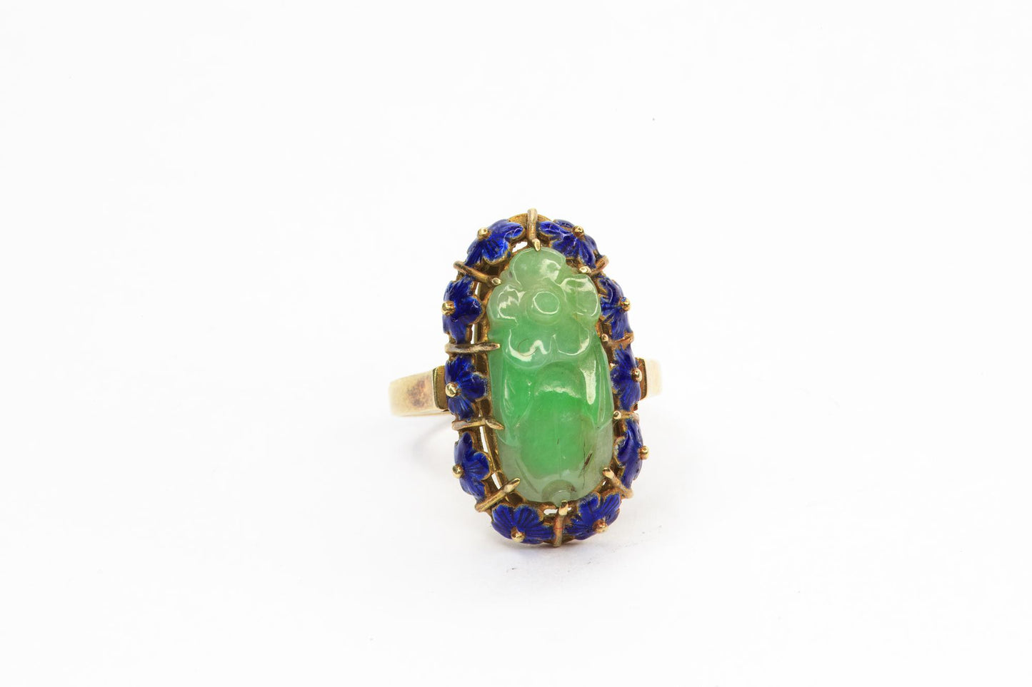 Vintage Unique Carved Jadeite & Blue Enamel Flower Ring