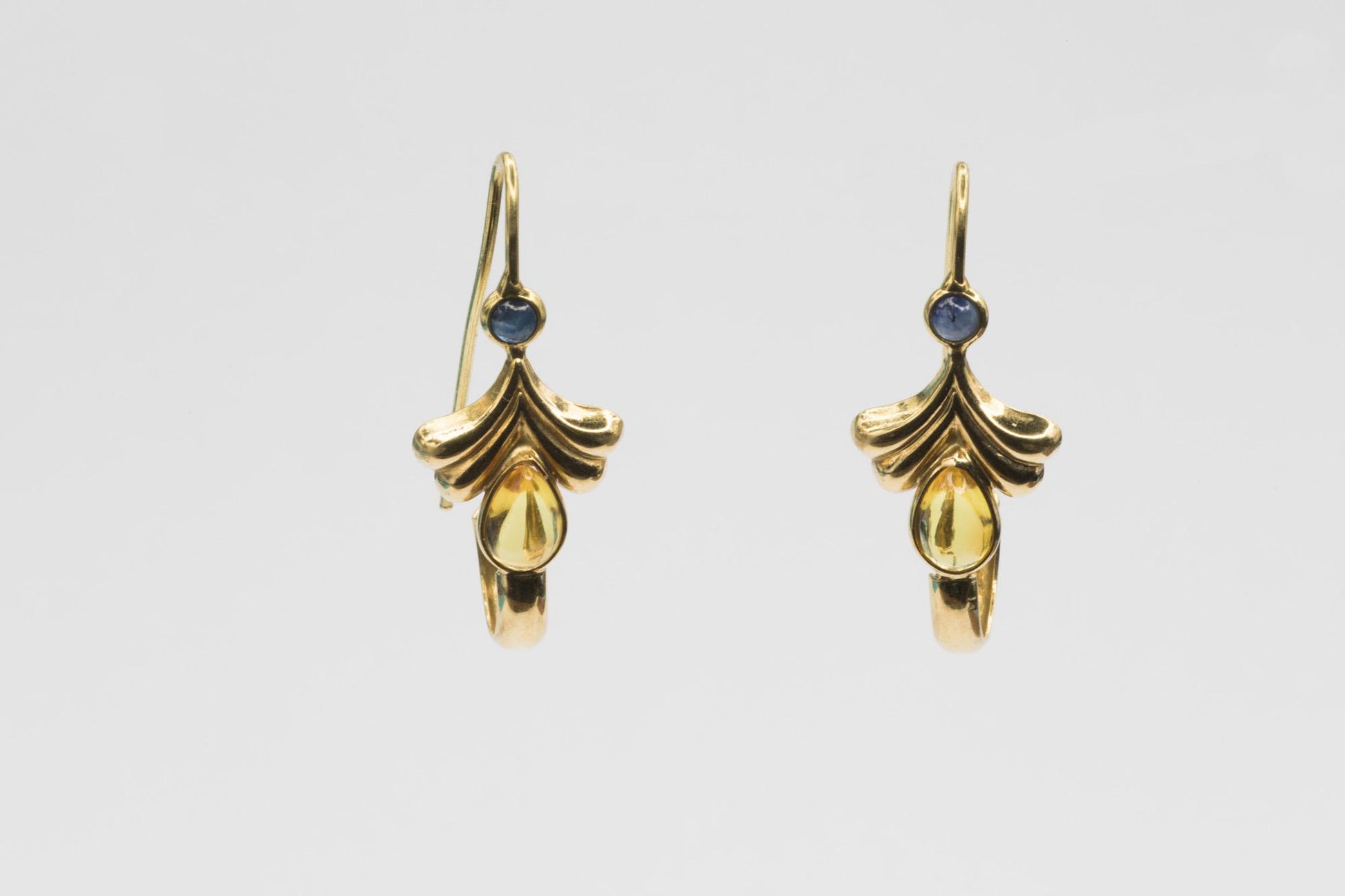 18K Yellow Gold Drop Earrings with Yellow Sapphire and Blue Spinel