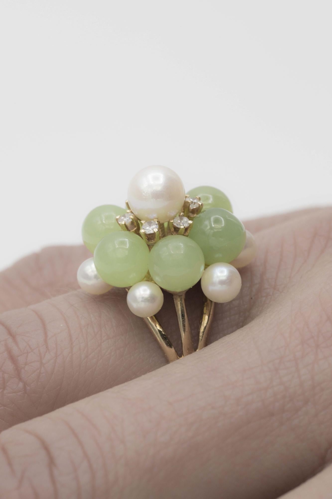 14K Yellow Gold Pearl-Nephrite Jade-Diamond Ring