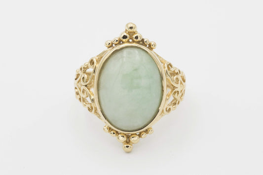 14K Sanuk Vintage Green Jadeite Jade Cabochon Filigree Ring