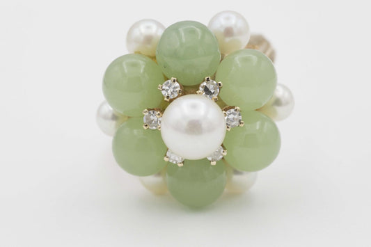 14K Yellow Gold Pearl-Nephrite Jade-Diamond Ring