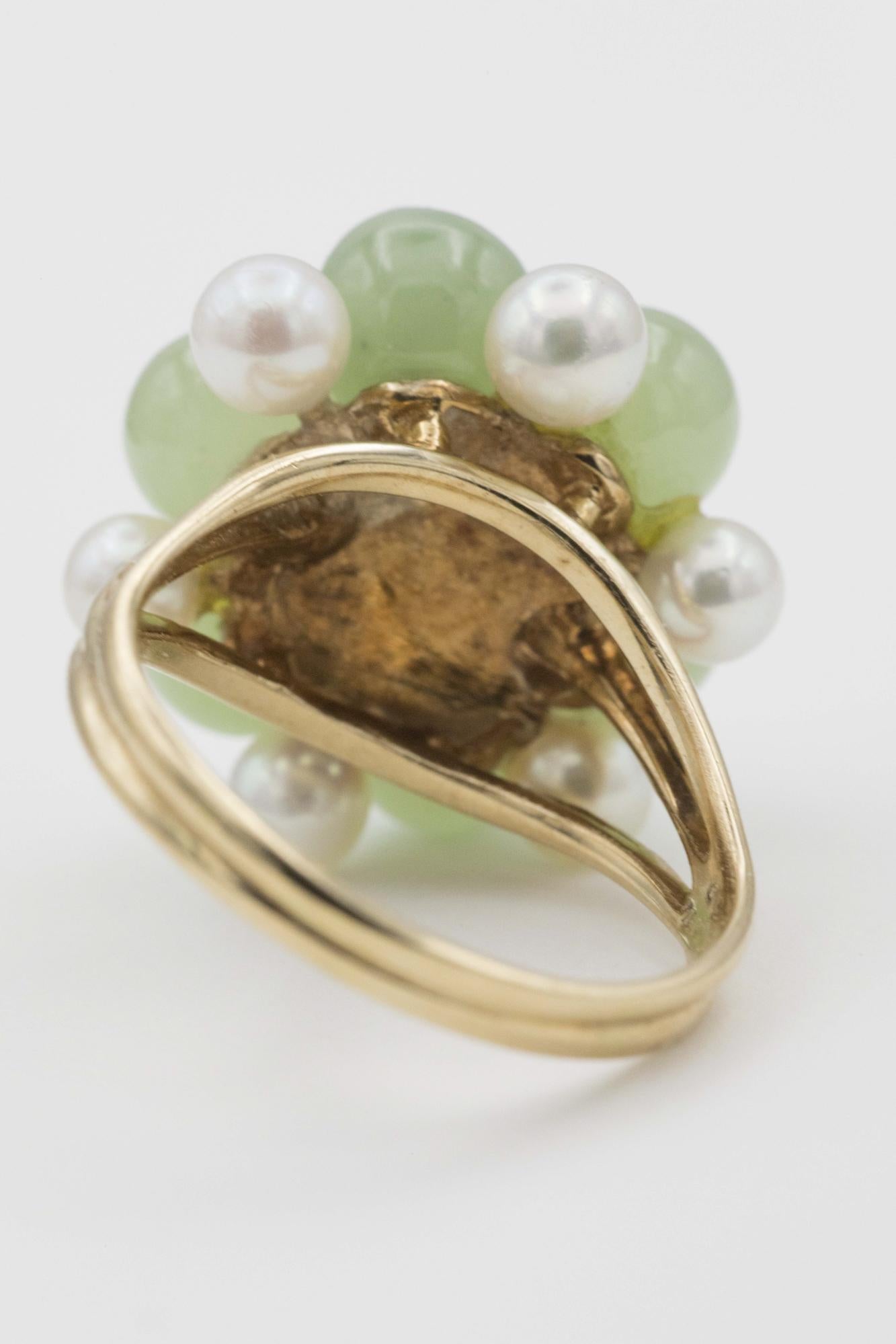 14K Yellow Gold Pearl-Nephrite Jade-Diamond Ring